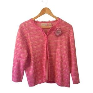 Studio Works Blazer Women's PETITE Large Plaid BARBIE PINK 3/4 Sleeve Brooche